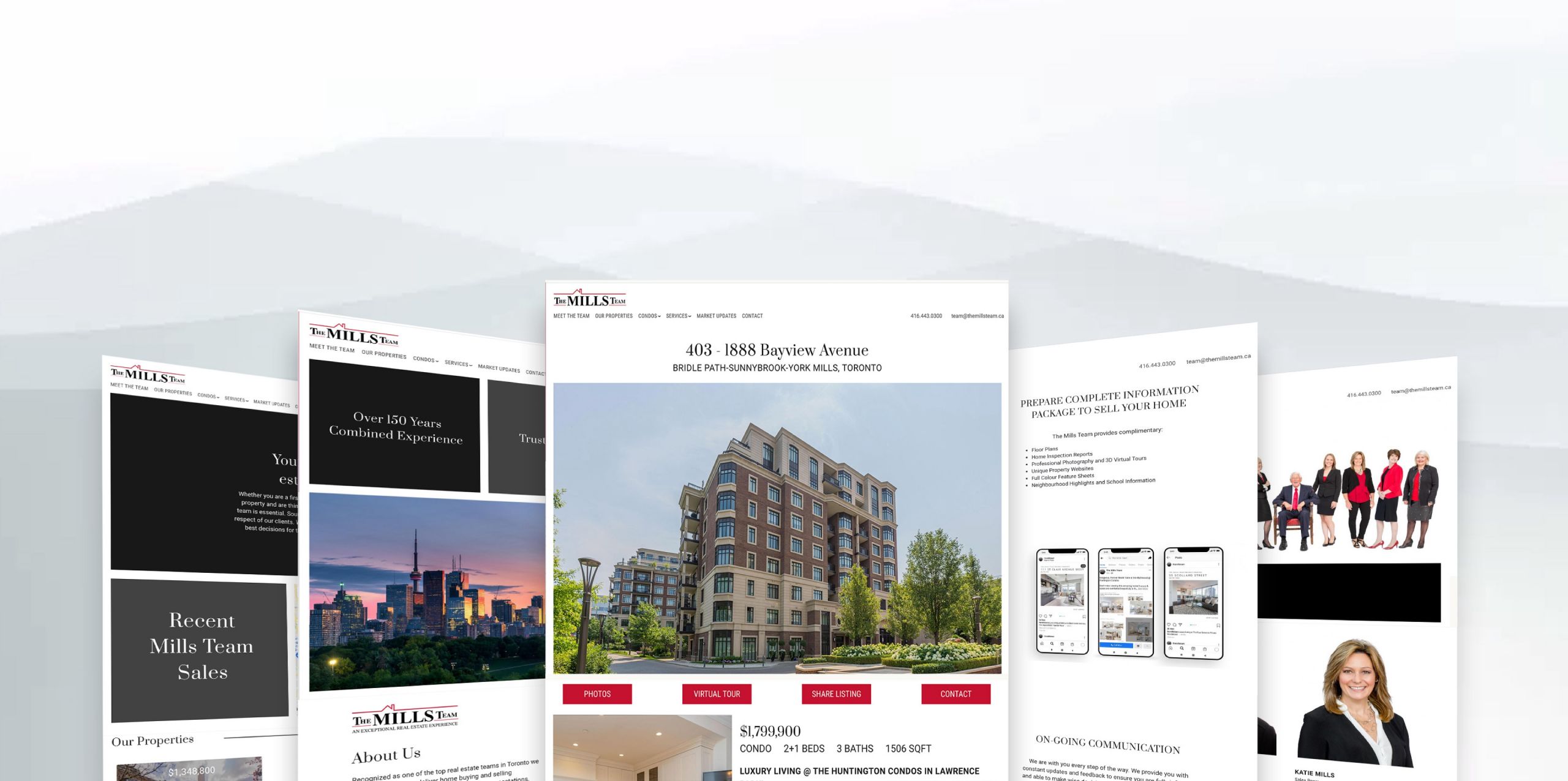 The Mills Team's website arranged artfully while showing different webpages and views.