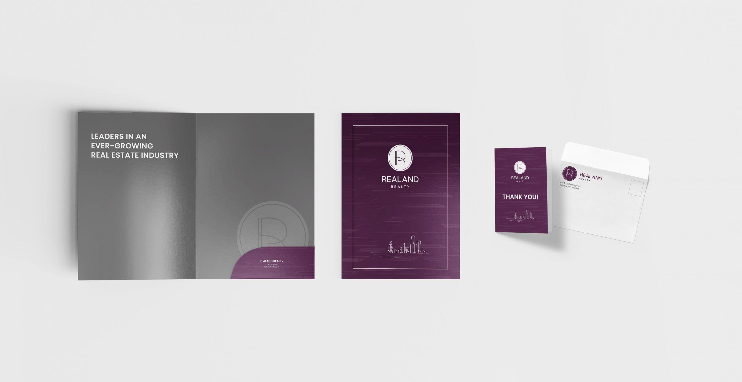 4.0 Presentation Folder & thank You Card Custom-branded stationery bearing real estate brokerage Realand's emblem.