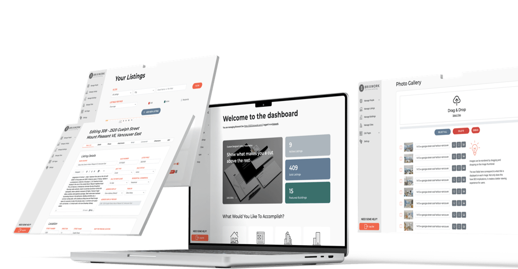 Mockup of the Brixwork platform backend showing 4 different sample screens
