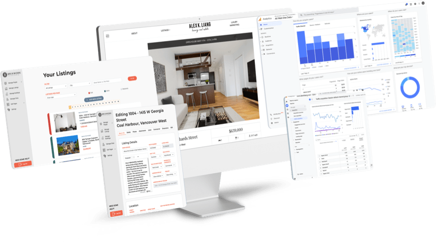 Mockup of the Brixwork platform backend showing example screens in different sizes