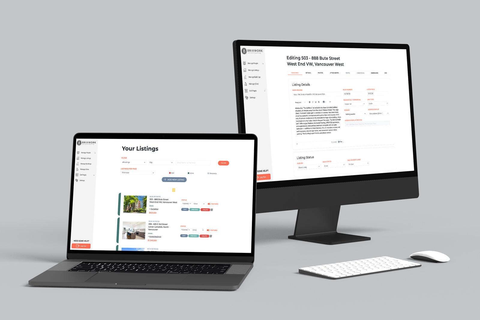 Backend HomesList-and-Edit Mockup of Brixwork version 5.0 backend featuring the Listings list and edit pages