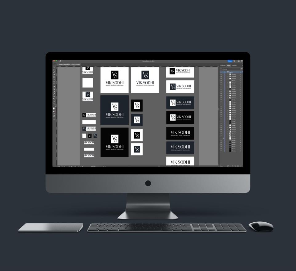 Various logo and emblem design candidates during the brand discovery phase