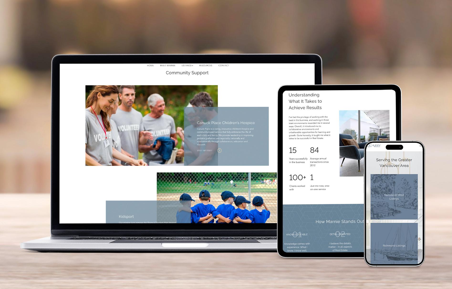 Mockup of Marnie Quarry's website of multiple screen devices in an outdoors setting.
