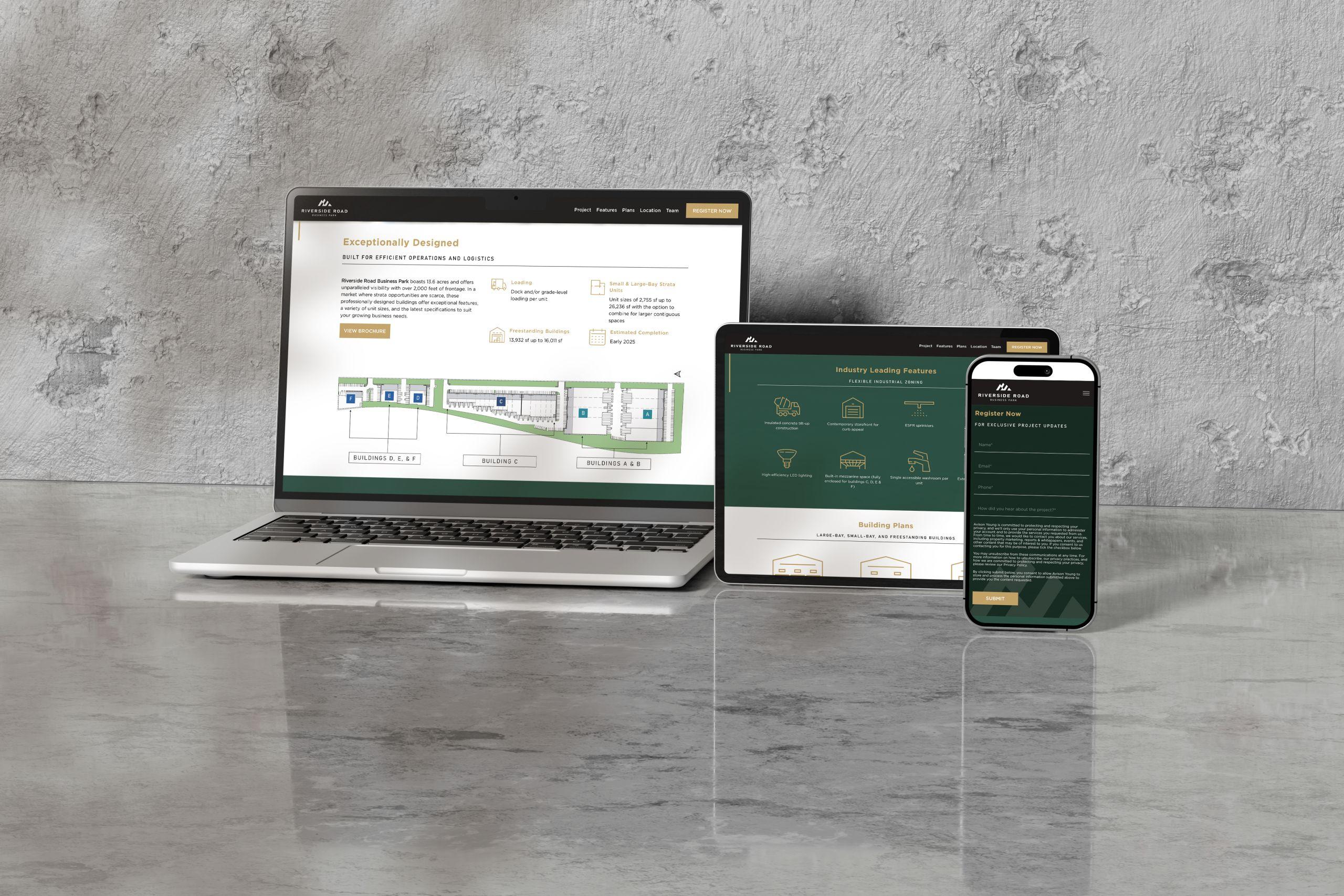 Riverside-Responsive Riverside Road Business Park's with a site plan, floorplans and building features across multiple devices including mobile