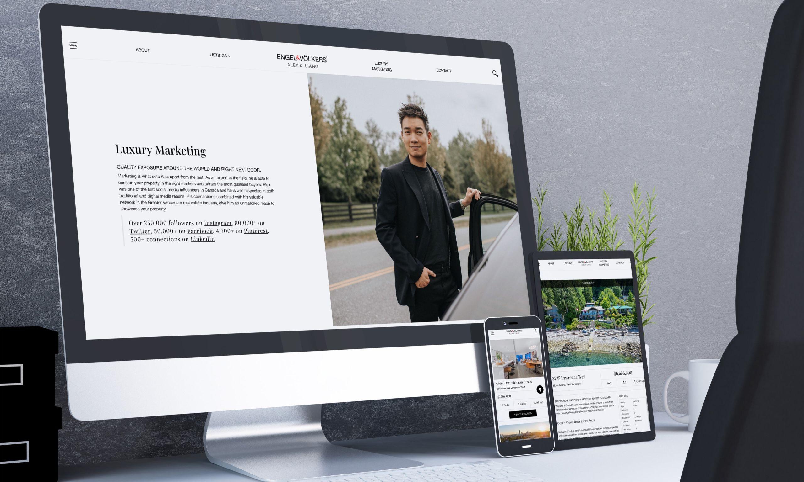 Alex's agent bio and MLS® IDX Listings in responsive design on multiple device screens.