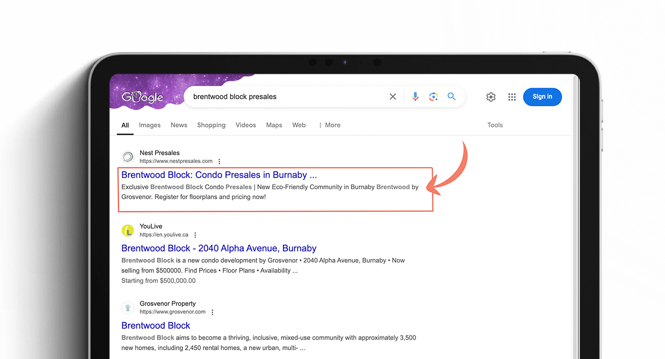 Google Search result for Brentwood Block Presale showing Nest Presales' meta title and meta description