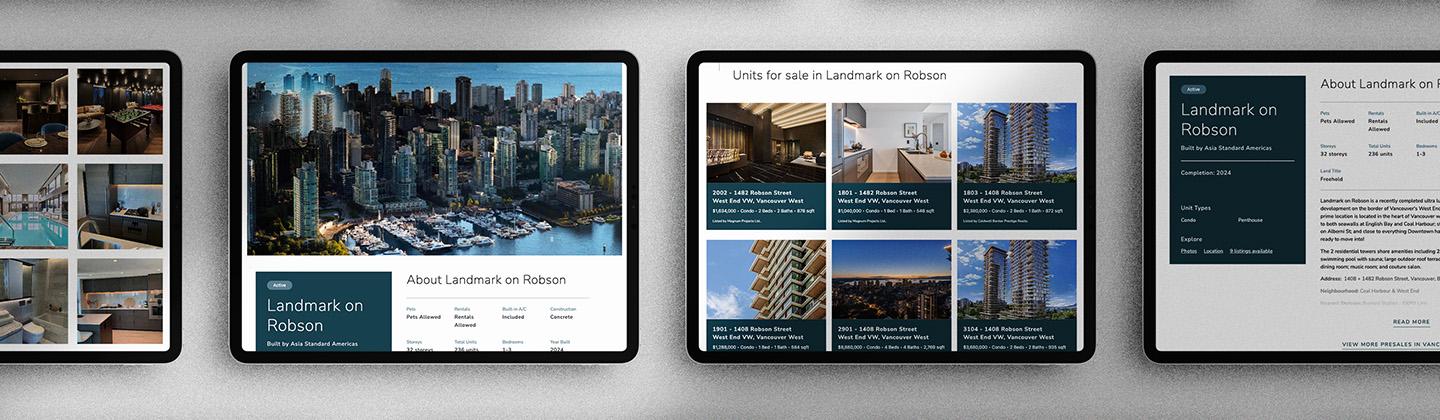 All MLS® listings at Landmark on Robson auto-synced to Colin & Lynn’s IDX-enabled real estate website, displayed across four tablets. The custom site showcases building amenities, presale details, and active condo listings in Vancouver’s West End, with high-resolution visuals and up-to-date pricing.