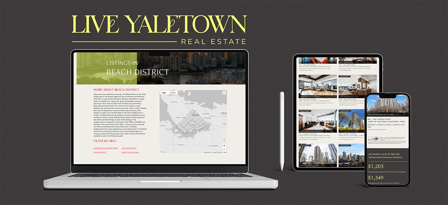 Live Yaletown Real Estate website showcasing Beach District property listings displayed across a MacBook, tablet, and smartphone. The custom real estate site features an interactive map of Vancouver’s Beach District, listing previews, and pricing insights. Although Beach District isn’t officially listed on MLS®, it highlights a unique and desirable pocket of Yaletown real estate.