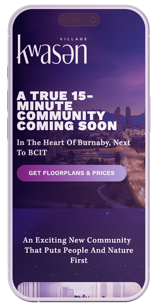 01-min Mobile preview of Kwasen Village presale landing page in Burnaby, designed for Google Ads and PPC real estate campaigns