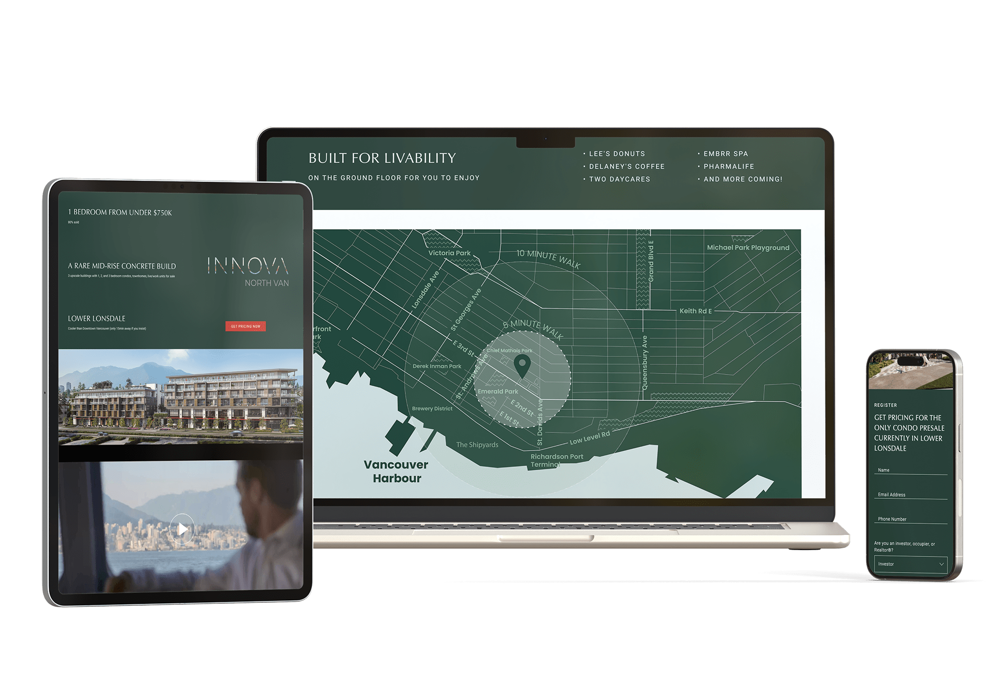 INNOVA North Vancouver real estate presale landing page showing map, pricing, and lead capture form optimized for PPC campaigns