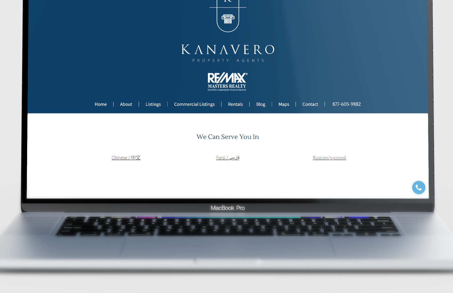 Close-up of Kanavero Property Agents’ website displaying multilingual service options in Chinese, Farsi, and Russian for client accessibility.