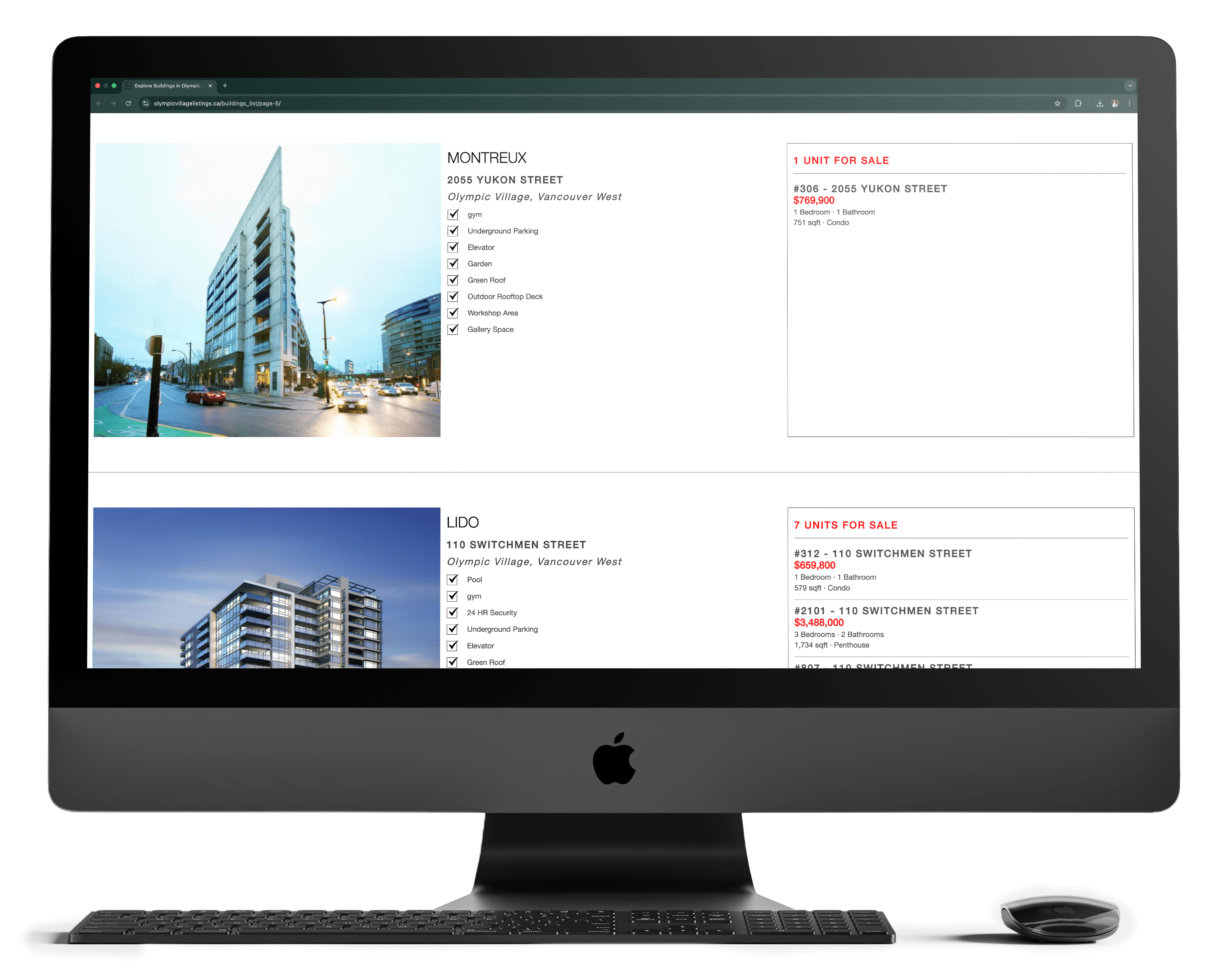 Olympic Village Building list showcasing presale and building focus page