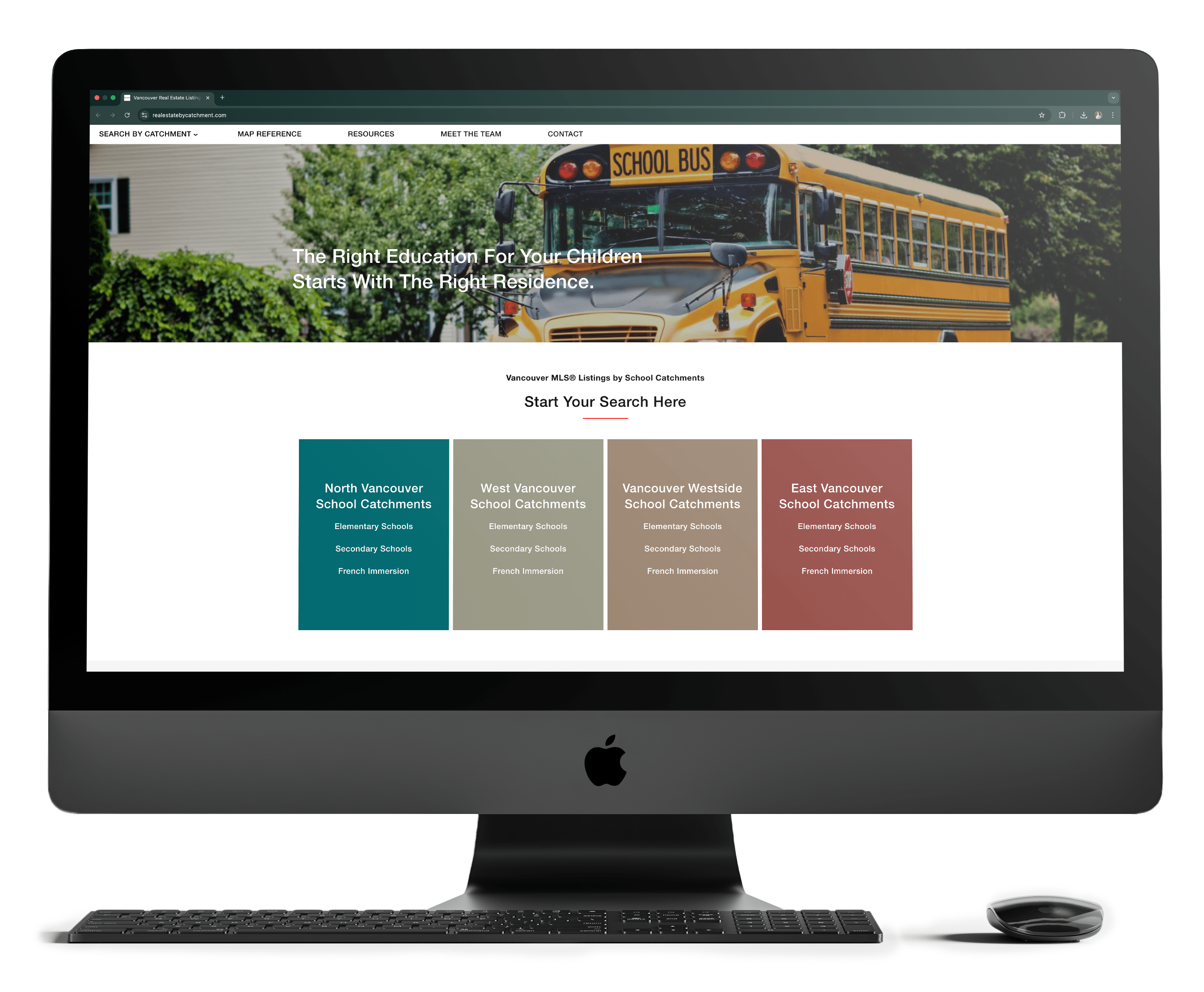 Real Estate by Catchment's website showing Vancouver and North Shore listings by school