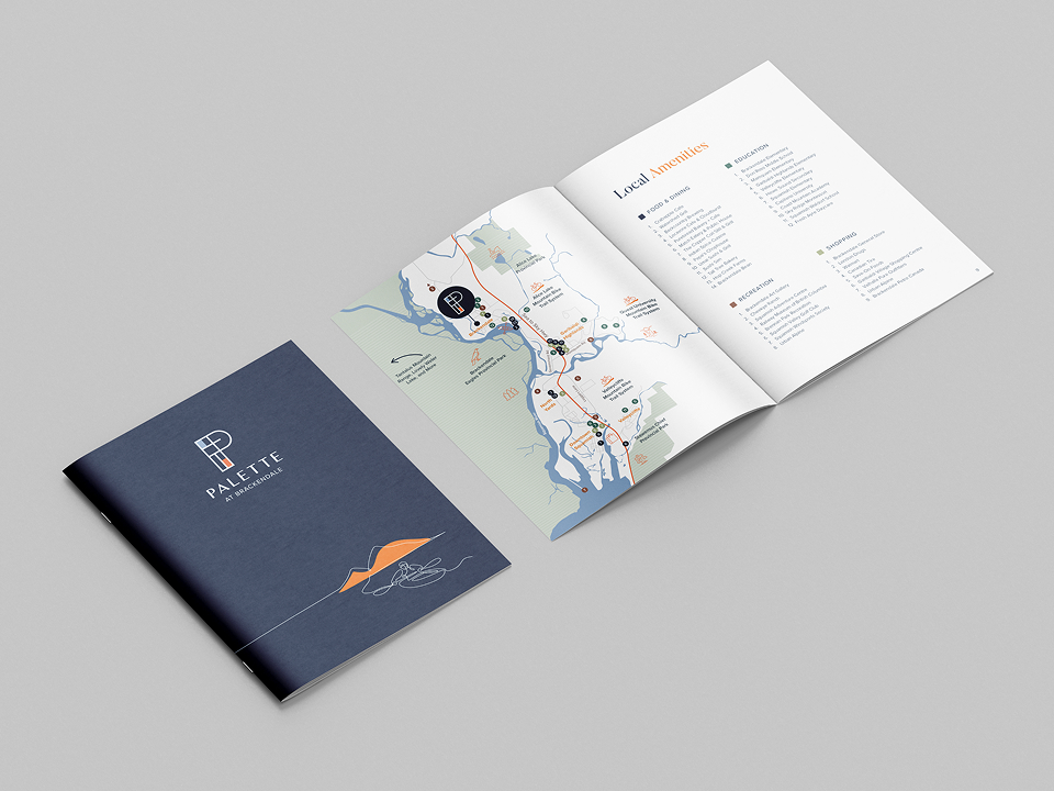 Presentation booklet with an amenities map designed for Palette