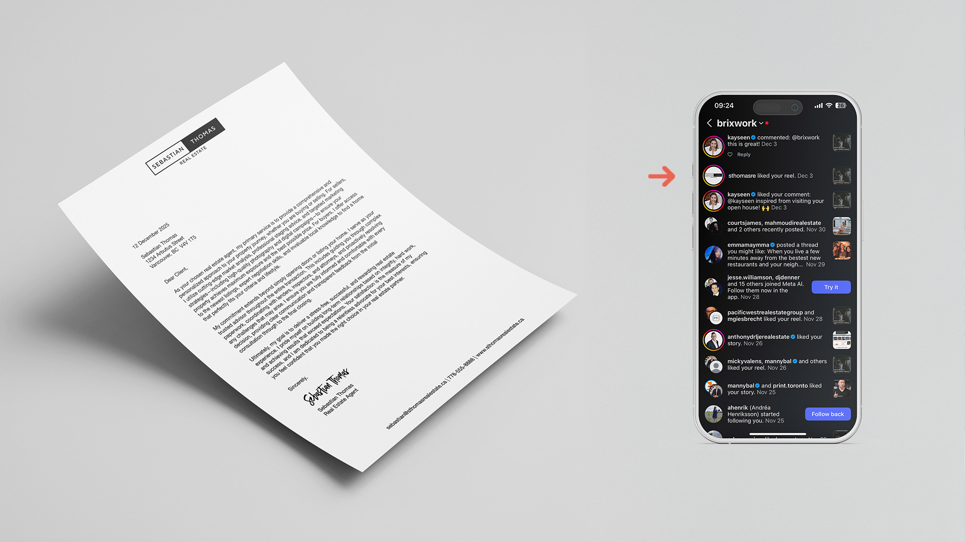 Comparison image showing a wide, box-shaped logo that appears clear on a letterhead mockup but becomes unreadable when displayed on a mobile Instagram activity feed with small icons.