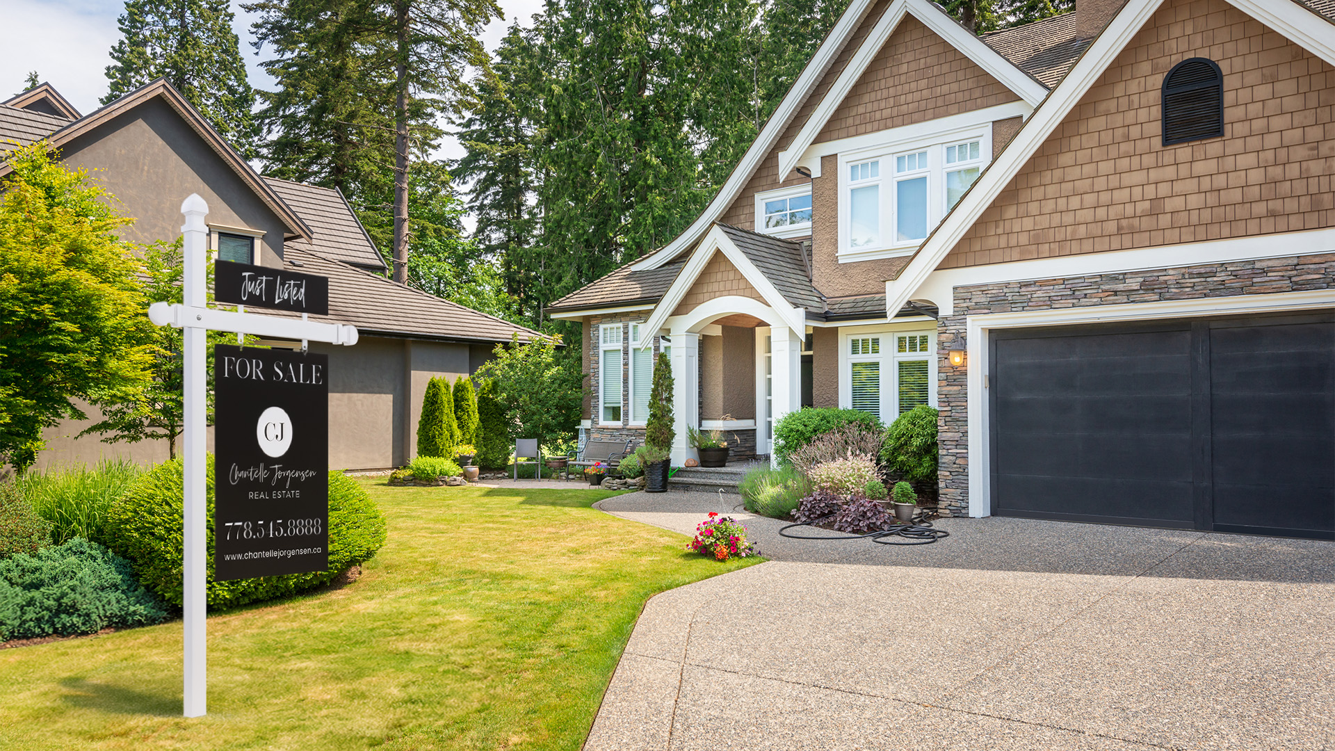 A house with landscaped front yard and a ‘For Sale’ real estate sign on the lawn