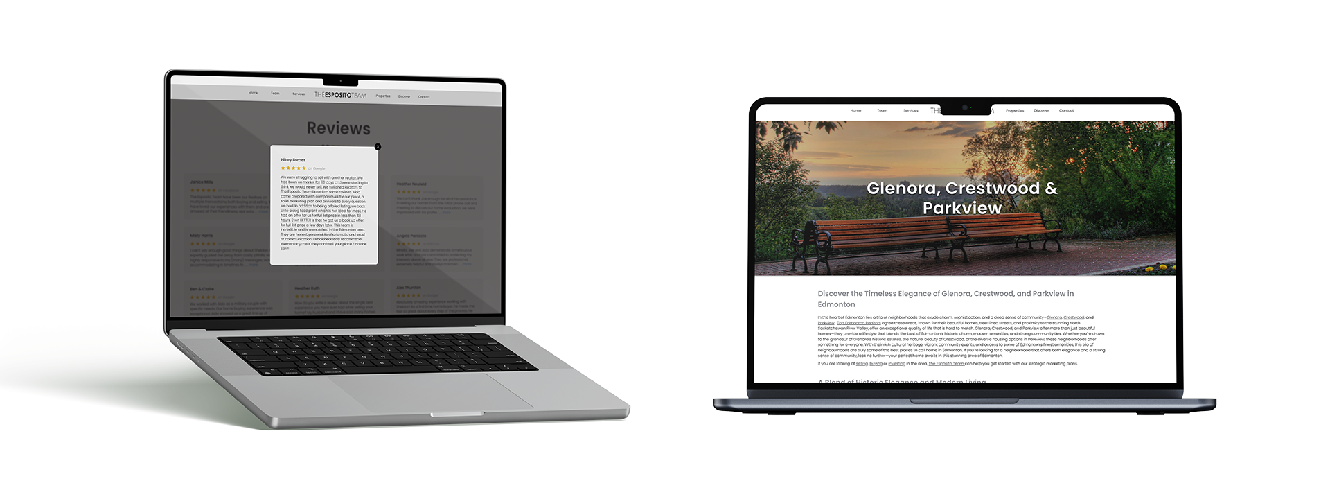 testimonial page and community detail page for Edmonton based real estate team